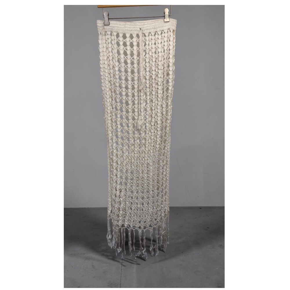 Flook The Label Women Cream Crochet Maxi Skirt Tassel Fringe Boho Medium